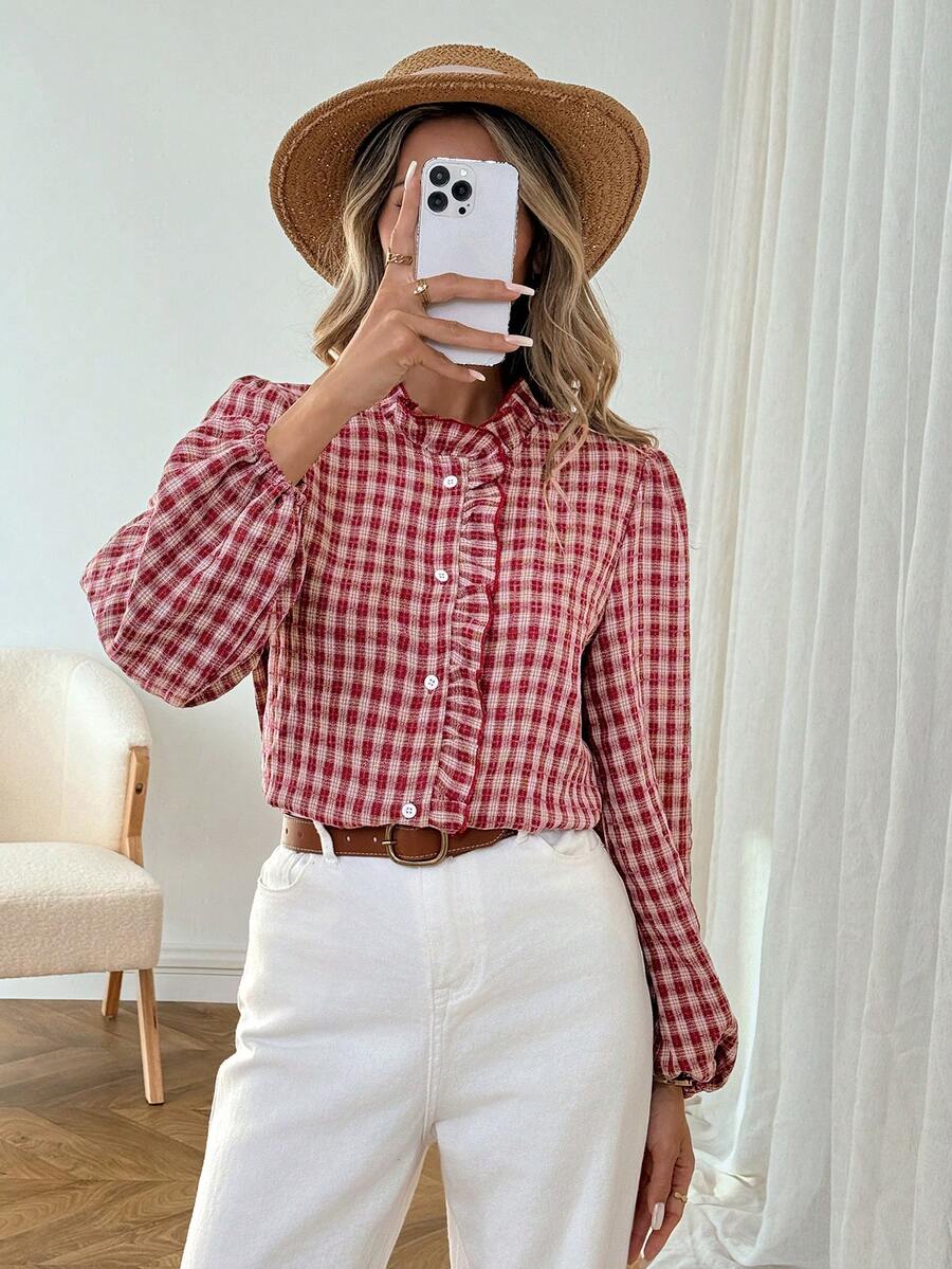 SHEIN LUNE Women's Casual Plaid Red Shirt, Valentine's Day Valentine Spring Casual Blouses For Women Red Blouse Plaid,Casual - Multicolor - View 1