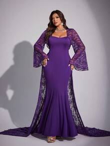 Viva Relle Váy đuôi cá ren tay lỡ dự tiệc thanh lịch cỡ lớn dành cho nữ - Màu tím - Xem 5