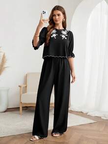 Easowa 2pcs/Set Women's Casual Floral Embroidered Ruffle Sleeve Blouse And Elastic Waist Wide Leg Pants Suit, Elegant Commuter Vacation Outfit, Spring/Summer