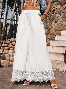 Breezaya 女士弹力腰带撞色蕾丝阔腿宽松牛仔裤 - 白色 - 查看 4