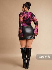 SHEIN BAE 大码女式网纱印花荷叶边喇叭袖连体衣 - 玫紅色 - 查看 3