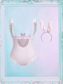 Fantasy Costume Cute Pink Plain Sleeveless Slip Dress Lingerie Bunny Costume With Rib-Knit Details - Pink - View 2