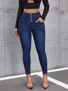 Flexra 女士休闲水洗高腰修身牛仔裤 - 深色水洗藍 - 查看 4