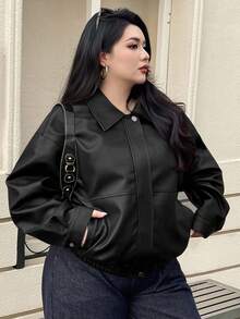 Dazy Plus 大码女式纯色PU皮翻领宽松机车夹克，秋冬款 - 黑色 - 查看 4