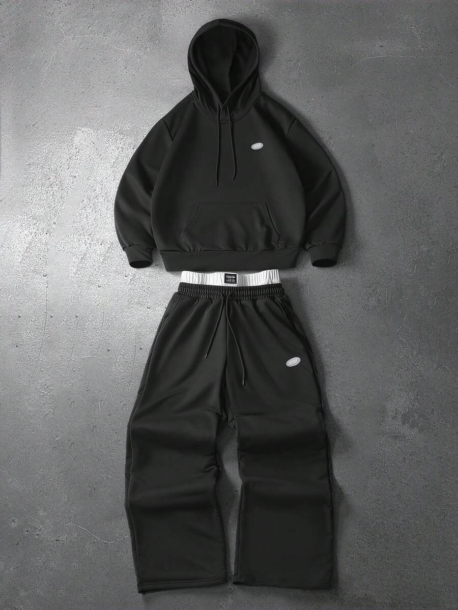 PAVTROS 男士字母图案抽绳连帽衫和运动裤休闲运动套装 - 黑色 - 查看 1