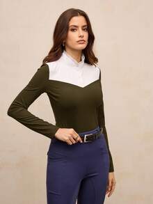 Activina Women's Casual Colorblock Rhinestone Button Half-Zip Equestrian Jacket - Coffee Brown - View 4