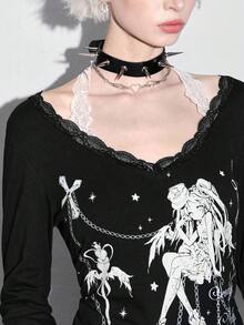 ROMWE Áo thun dài tay ren họa tiết hoạt hình tối màu cỡ lớn cho nữ (Bao gồm áo hai dây ren và viền ren vá) - màu đen - Xem 7