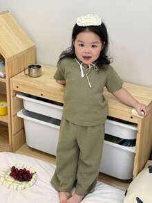 DAZY 2件套幼儿女童V领休闲长袖T恤和宽松长裤睡衣套装 - 綠色 - 查看 4