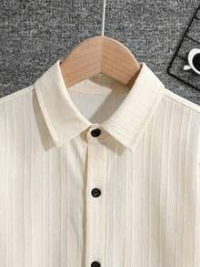 SHEIN Áo sơ mi ngắn tay dệt kim màu trơn cài cúc phía trước dành cho bé trai tuổi teen, kiểu dáng thường ngày. - trắng - Xem 6