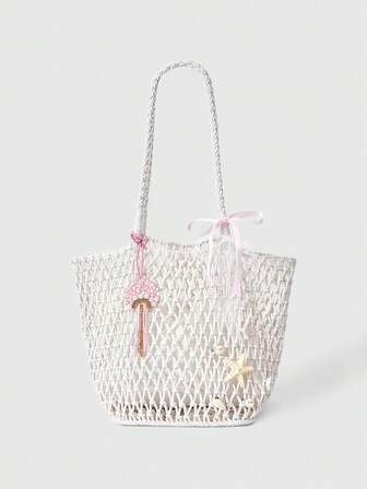 Fairycore 1 Set Bolso de playa tejido en beige y accesorios, bolso de playa de estilo resort de moda personalizado para mujer (incluye 1 bolso y 1 set de accesorios)