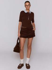 MUSERA Pinstripe Collared Knit Fitted 3/4 Sleeve Top Cute Teacher Casual Work Streetwear Sporty Work Wear Corporate Run , Holidays, Festive Spring Summer - Chocolate Brown - View 5