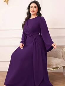 Modelyn Plus Size Solid Color Drawstring Dress, Simple Chic Casual For Daily Wear Long Evening Dresses Fall - Purple - View 2