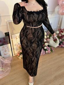CovetEZ Plus Size 2-Piece Set: Lace Long Sleeve Crop Top With Boned Bust And Slit Bodycon Skirt, Sexy Outfit For Valentine's Day Date Parties Elegant 2 Piece Set Lace 2 Piece Set - Black - View 5