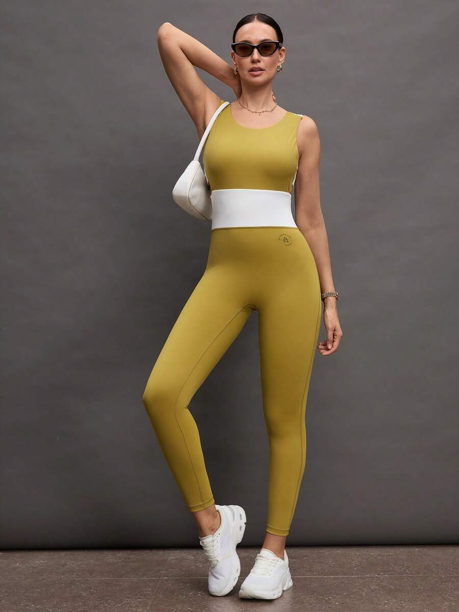 Activina Women's Letter Print Casual Everyday Fitness Yoga Sports Jumpsuit Ralphlauren  Knitted Fabric - Mustard Yellow - View 1