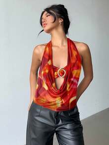 Áo hai dây Aloruh mới, gợi cảm, xuyên thấu, màu cam nhuộm tie-dye, họa tiết nổi bật, cổ khoét sâu, dây buộc, trang trí kim loại, hở lưng, thích hợp cho kỳ nghỉ, du thuyền, tiệc tùng, hẹn hò, ngày Valentine, trang phục đi biển cho nữ, đồ mặc mùa hè, áo mùa hè, quần áo đi biển cho nữ. - trái cam - Xem 7