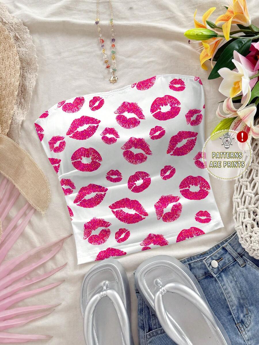 Soleia Women's Casual Versatile Lip Print Tube Top, Suitable For Dates And Parties - Multicolor - View 1