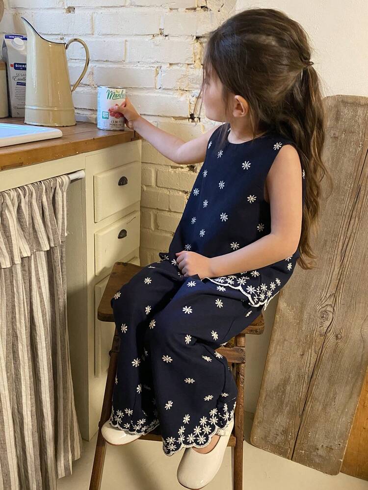 Tween Girl Floral Embroidery Decor Sleeveless Blouse And Wide Leg Pants Casual Outfit Summer