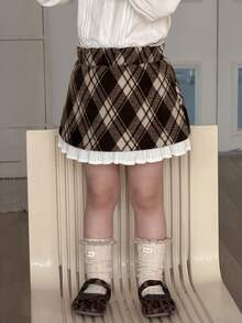 DAZY 女童格子荷叶边撞色韩版半身裙，冬季款 - 咖啡棕 - 查看 5