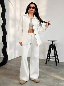 SHEIN Women's Casual Fashion Street Style Everyday Commute Patchwork Pocket Denim Jacket And Wide Leg Jeans Set, Spring/Autumn - White - View 5