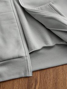 Manfinity Unisex Men's Casual Embroidered English Text Loose Knitted Zip Up Hoodie, Fall, Winter, Couple Things, Long Sleeve Top - Grey - View 6