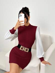 SHEIN PETITE Đầm tay phồng cổ đứng có gân - Màu Đỏ Sâu - Xem 4