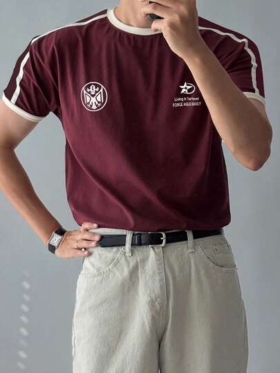 DAZY Men's Letter Print Contrast Color Collar T-Shirt, Wine Red, Summer