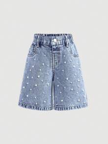 Maija Kids Maija Kids 年轻女孩白色仿珍珠装饰宽松牛仔短裤，夏季休闲时尚度假风，街头服饰，2000年代风格，舒适柔软牛仔面料，舒适柔软牛仔裤，可爱度假短裤 - 淺色水洗藍 - 查看 3