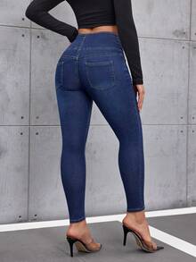 Flexra 女士休闲水洗高腰修身牛仔裤 - 深色水洗藍 - 查看 2