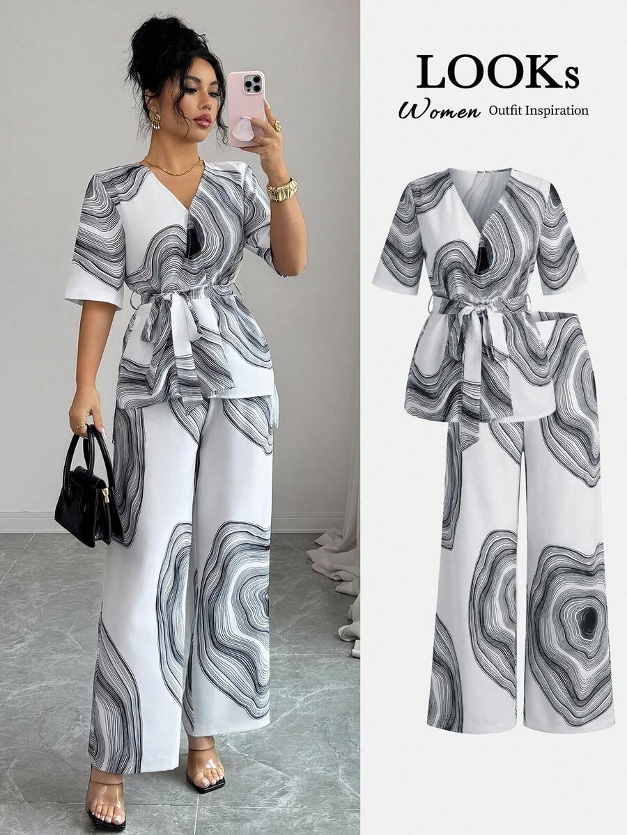 SHEIN Raffinéa 女士度假两件套：黑白波浪印花V领上衣+松紧腰阔腿裤 – 夏季海滩度假显瘦套装 女士阔腿两件套 黑白两件套 简约两件套 女士两件套 - 彩色 - 查看 1