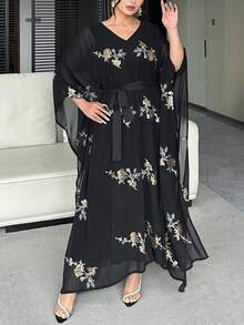 Dazy Plus 大码女式V领雪纺刺绣宽松长款优雅派对连衣裙，黑色，春夏吊带裙 - 黑色 - 查看 7