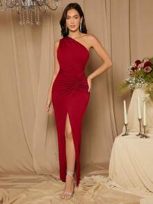SHEIN Belle 女士纯色无袖褶裥开衩修身优雅伴娘礼服 - 紅色 - 查看 5