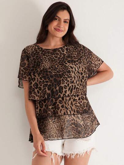 Freevana Plus Size Spring/Summer New Leopard Print Chiffon Layered Ruffle Sleeve Blouse, Round Neck Loose Fit Flowy Sheer Casual Top