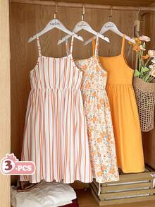 Vintaside Kids 女童夏季多件套无袖吊带衫，时尚百搭，休闲简约，适合户外旅行、海滩玩耍或露营等休闲场合穿着。 - 橘色 - 查看 1