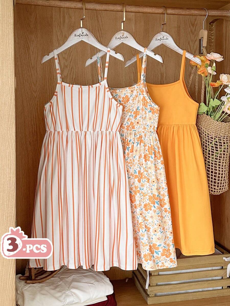 Vintaside Kids 女童夏季多件套无袖吊带衫，时尚百搭，休闲简约，适合户外旅行、海滩玩耍或露营等休闲场合穿着。 - 橘色 - 查看 1