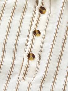 SHEIN 男童休闲时尚条纹衬衫套装（含裤子），舒适翻领短袖上衣，时尚百搭，适合幼儿男童，可用于度假、旅行、休闲、夏季穿着，面料为亚麻、棉麻混纺。