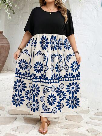 SHEIN CURVE+ CURVE PLUS /Valentine's Day/Plus Size Women's Summer Floral Print Patchwork Dress, Bohemian Style Beach Resort, Tropical Floral Print Waist Fit A-Line Long Dress