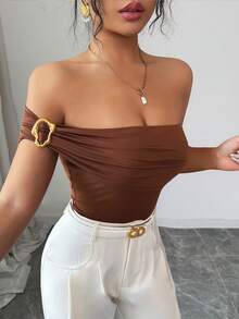 Gloray Women's Oblique Shoulder Decor Ring Casual Slim Fit Fashion Tank Top - Brown - View 7