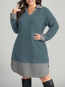 Comfylo Plus Size V-Neck 2 In 1 Long Sleeve Ribbed Casual Dress - Dusty Blue - View 4