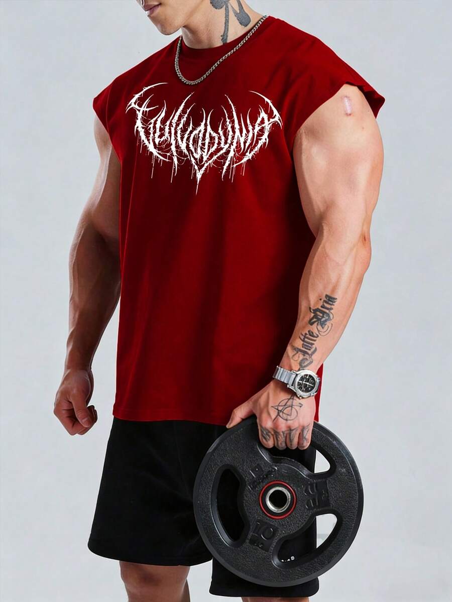 GymBeat 男士荆棘印花休闲运动背心 健身背心 男士肌肉背心 男士无袖T恤 - 酒紅色 - 查看 1