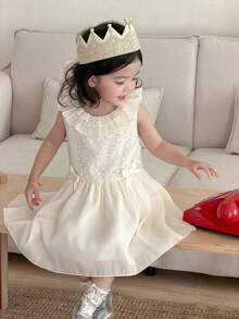 DAZY 女童韩版休闲荷叶边蕾丝纯色清新生日派对连衣裙 - 米色 - 查看 4