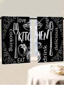 2pcs Piece Pastoral Theme, Kitchen Cutlery Food Cooking Print Curtains, Curtain Curtain Rod Pocket Pastoral Kitchen Curtains, Cafe Curtains Living Room Office Bedroom Home Decorative Curtains - Black - View 4