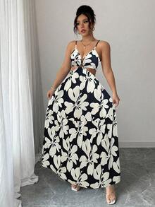 SHEIN Elenzya 大码女式碎花收腰镂空蝴蝶结系带伞裙A字连衣裙，百搭休闲、工作、时尚、优雅、浪漫，适合约会、法式复古风、度假等场合。 - 彩色 - 查看 3