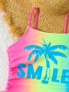 SHEIN Girls 8-12 Years Tank One-Piece Swimsuit, Neon Tie-Dye Palm Tree Smile Print Bathing Suit, Ruched Side Adjustable Straps Swimwear - Multicolor - View 4