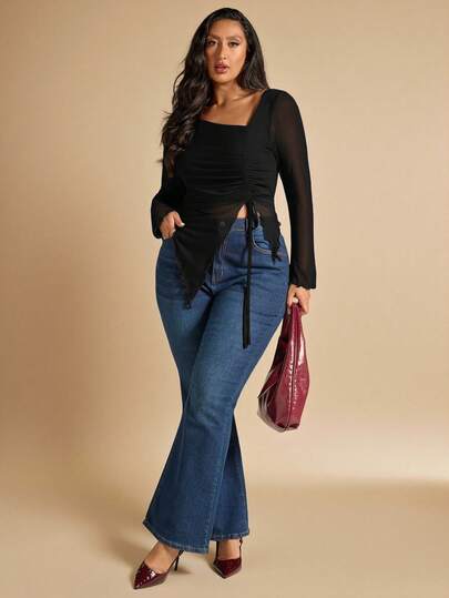 SHEIN BAE Plus Size Women Solid Color Asymmetric Mesh Long Sleeve Top