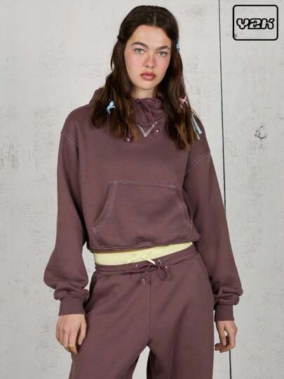 COUREZ Shrunken Cropped Hoodie With Graphic Print 2 Pieces Set Women Y2K Vintage