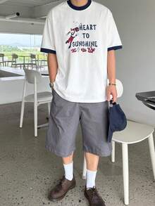 DAZY 男士休闲字母印花白色圆领短袖T恤，夏季 - 白色 - 查看 4
