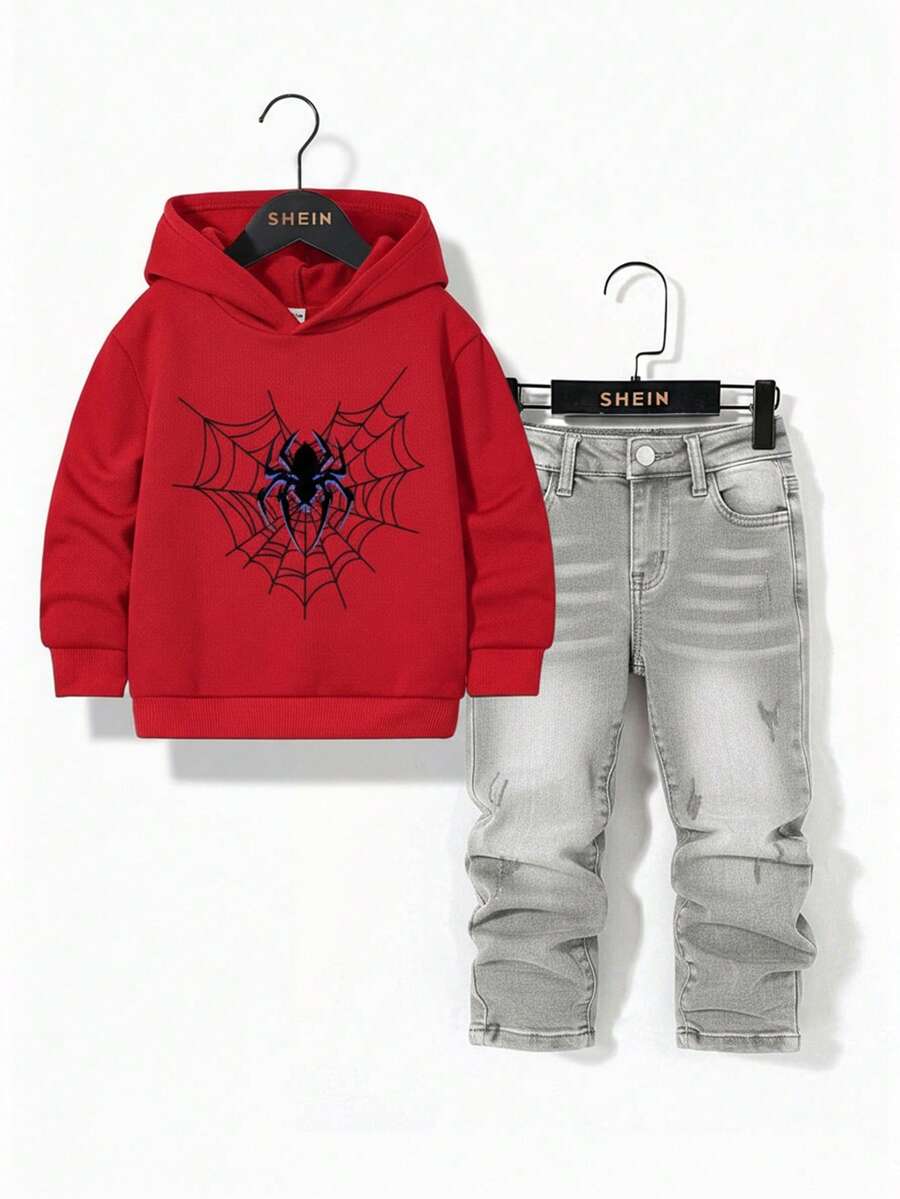 SHEIN Bộ 2 món đồ denim họa tiết nhện thời trang dạo phố màu đỏ và quần jeans denim bó cao co giãn rách màu đen cho bé trai, trang phục thu/đông cho bé trai - Màu Xám nhạt - Xem 1