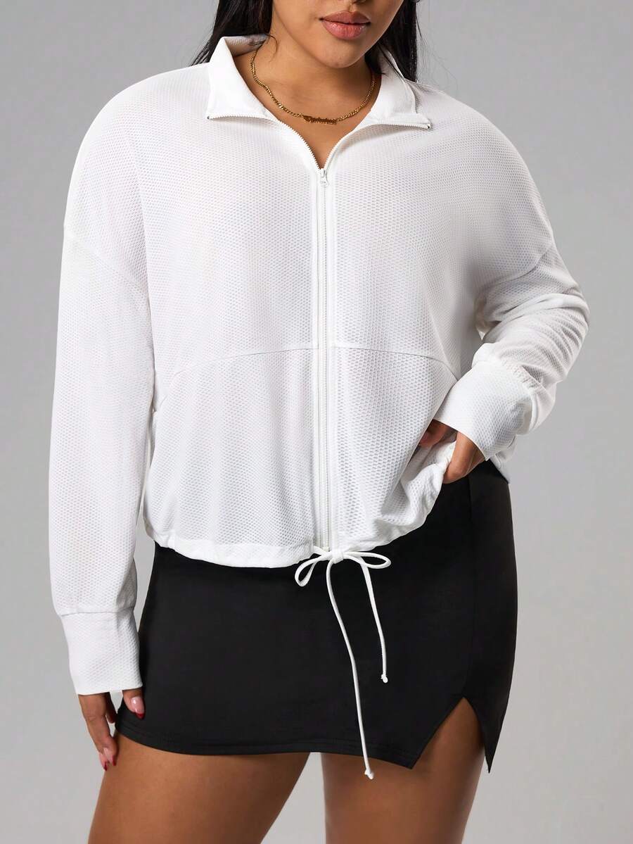 Rhythm Era Plus Size Solid Color Minimalist Casual Long Sleeve Sports Jacket - White - View 1