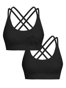 SHEIN Velisys 2 chiếc áo ngực thể thao nữ màu trơn, không đường may, độ co giãn cao, thoải mái, phù hợp mặc hàng ngày. - màu đen - Xem 2