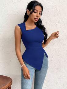 Firerie Women's Solid Color Asymmetrical Hem Fashionable Versatile Date Party Top - Royal Blue - View 5